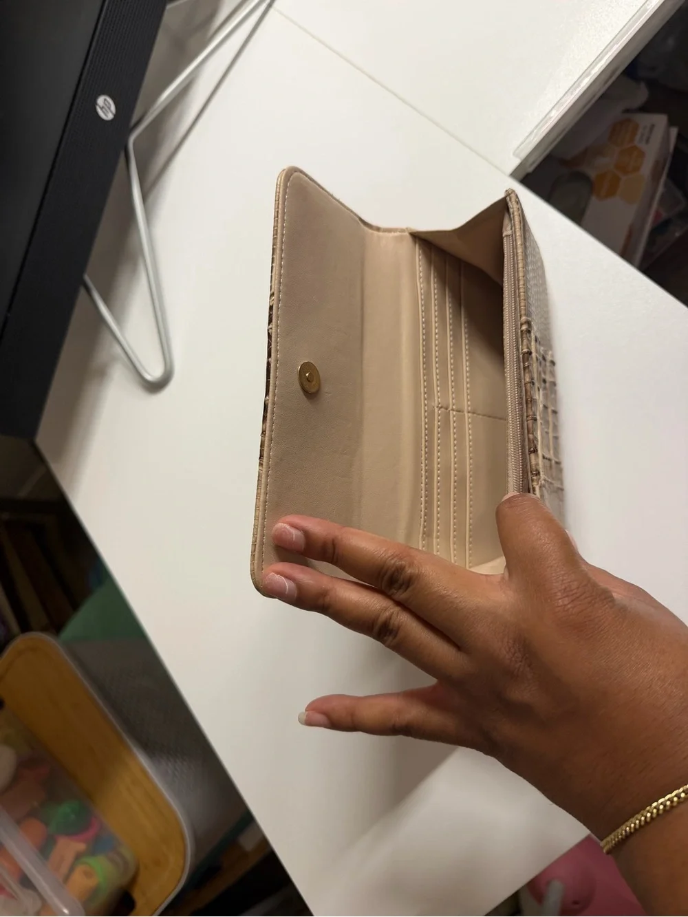 Beige Textured Top-Handle Satchel with Matching Wallet